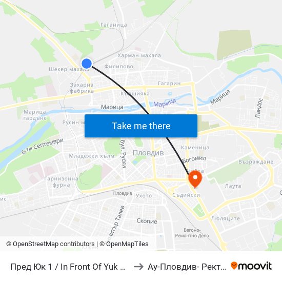 Пред Юк 1 / In Front Of Yuk 1 (460) to Ау-Пловдив- Ректорат map