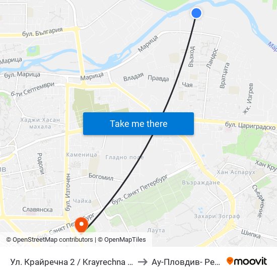 Ул. Крайречна 2 / Krayrechna St. 2 (410) to Ау-Пловдив- Ректорат map