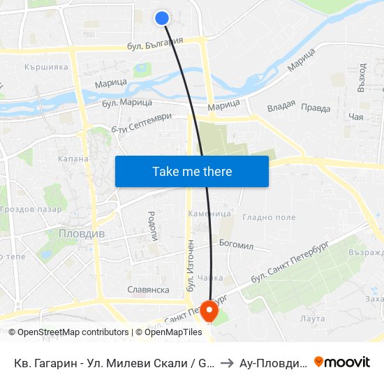 Кв. Гагарин - Ул. Милеви Скали / Gagarin Qr - Milevi Steni St. (1018) to Ау-Пловдив- Ректорат map