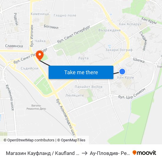 Магазин Кауфланд / Kaufland Store (391) to Ау-Пловдив- Ректорат map