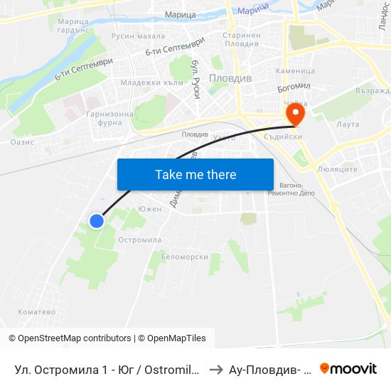 Ул. Остромила 1 - Юг / Ostromila St. 1 - South (475) to Ау-Пловдив- Ректорат map