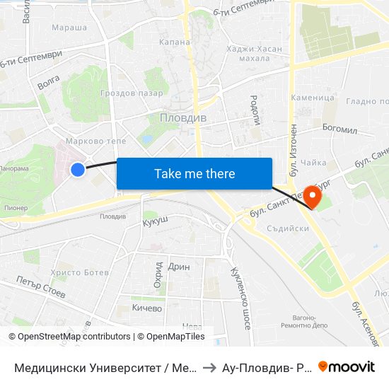 Медицински Университет / Medical University to Ау-Пловдив- Ректорат map