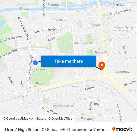 Пгее / High School Of Electrical Engineering And Electronics (171) to Пловдивски Университет ""Паисий Хилендарски"" map