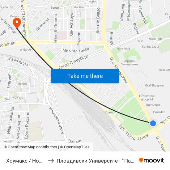 Хоумакс / Homemax (84) to Пловдивски Университет ""Паисий Хилендарски"" map