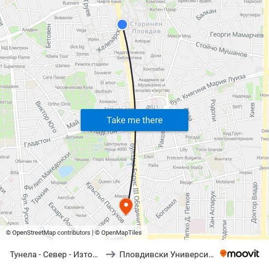 Тунела - Север - Изток / Tunela - Sever - East (47) to Пловдивски Университет ""Паисий Хилендарски"" map