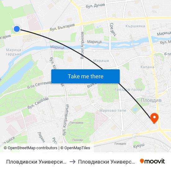 Пловдивски Университет / Plovdiv University (1003) to Пловдивски Университет ""Паисий Хилендарски"" map