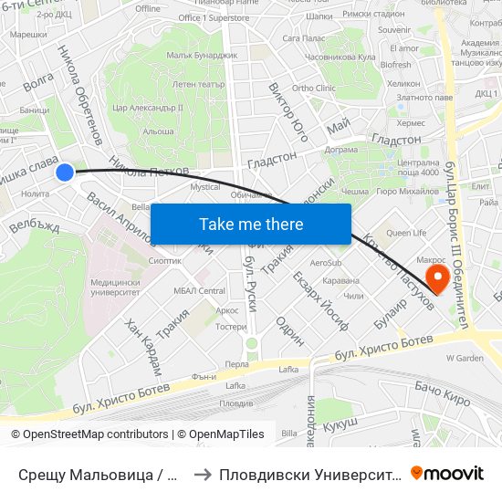 Срещу Мальовица / Opposite Malyovitsa (246) to Пловдивски Университет ""Паисий Хилендарски"" map