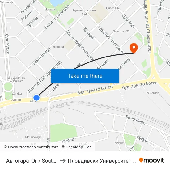 Автогара Юг / South Bus Station (187) to Пловдивски Университет ""Паисий Хилендарски"" map