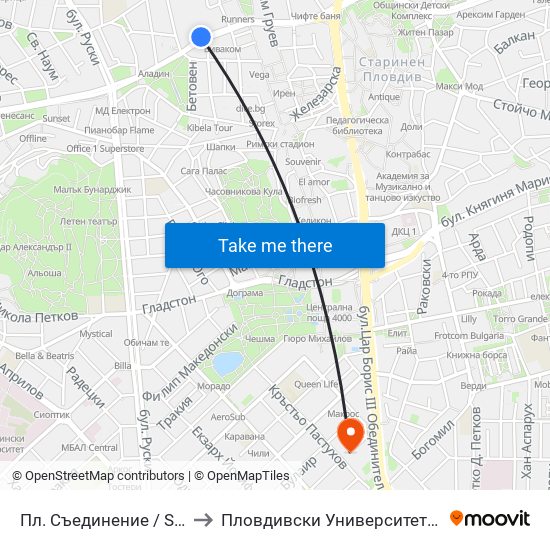 Пл. Съединение / Saedinenie Sq. (141) to Пловдивски Университет ""Паисий Хилендарски"" map