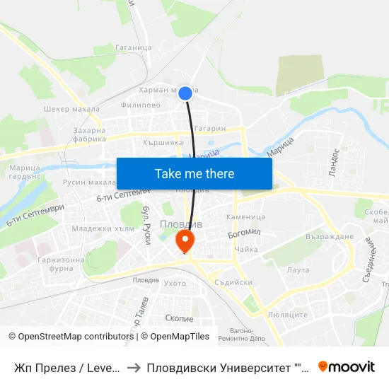 Жп Прелез / Level Crossing (229) to Пловдивски Университет ""Паисий Хилендарски"" map