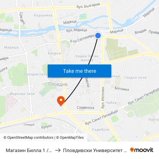 Магазин Билла 1 / Billa Store 1 (138) to Пловдивски Университет ""Паисий Хилендарски"" map