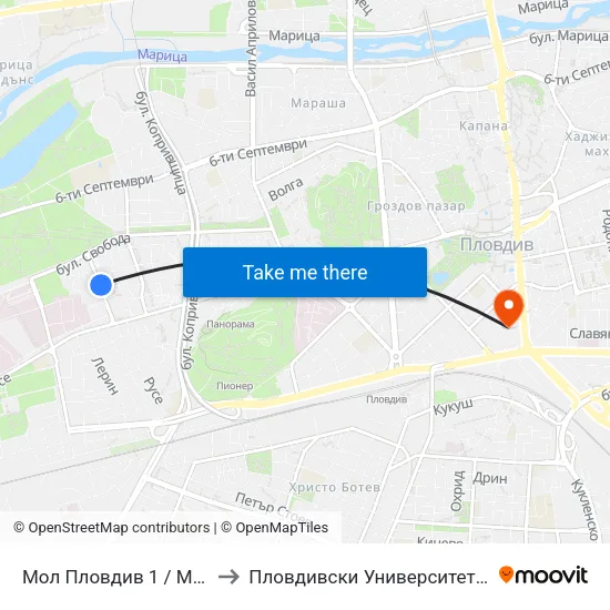 Мол Пловдив 1 / Mall Of Plovdiv 1 (315) to Пловдивски Университет ""Паисий Хилендарски"" map