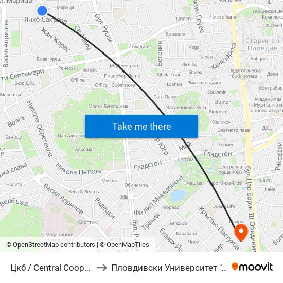 Цкб / Central Cooperative Bank (384) to Пловдивски Университет ""Паисий Хилендарски"" map