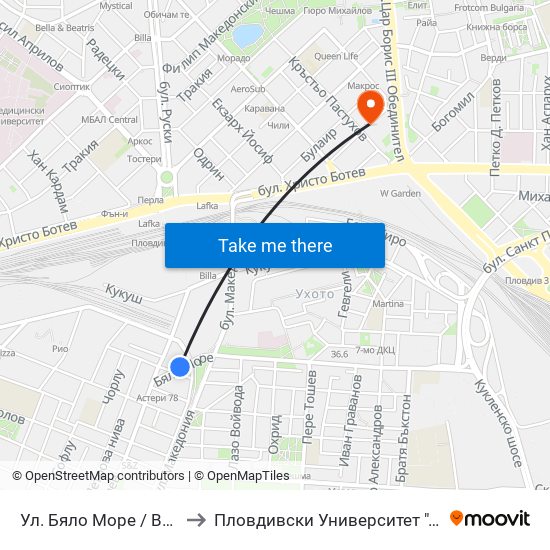 Ул. Бяло Море / Byalo More St. (16) to Пловдивски Университет ""Паисий Хилендарски"" map