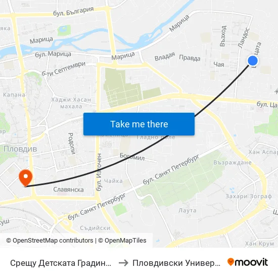 Детската Градина / the Kindergarten (130) to Пловдивски Университет ""Паисий Хилендарски"" map