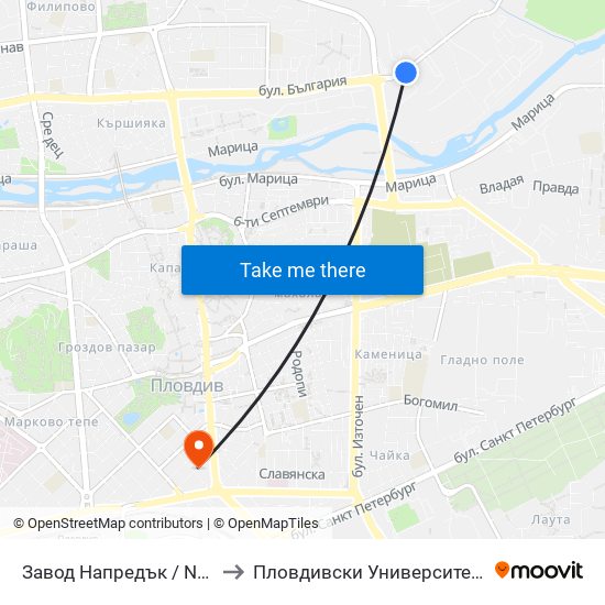 Завод Напредък / Napredak Factory (210) to Пловдивски Университет ""Паисий Хилендарски"" map