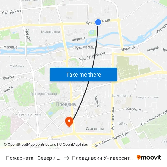Пожарната - Север / Fire Station - North (184) to Пловдивски Университет ""Паисий Хилендарски"" map