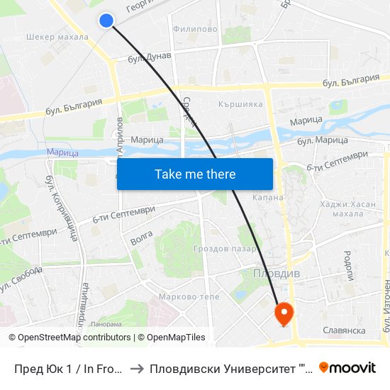 Пред Юк 1 / In Front Of Yuk 1 (460) to Пловдивски Университет ""Паисий Хилендарски"" map