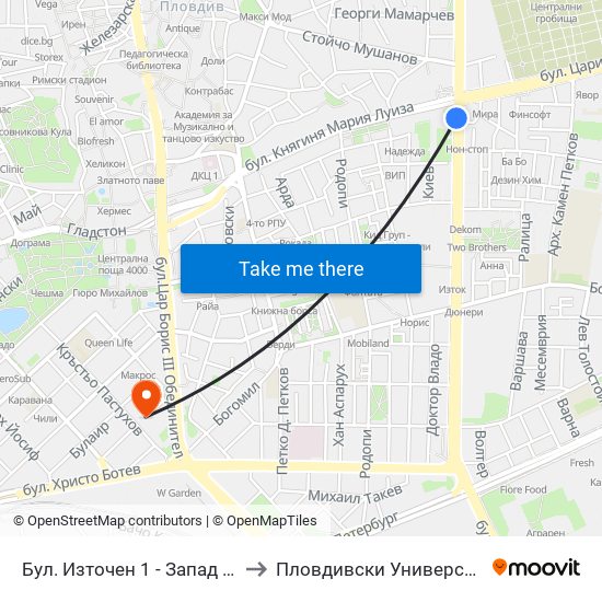 Бул. Източен 1 - Запад / Iztochen Blvd. 1 - West (251) to Пловдивски Университет ""Паисий Хилендарски"" map