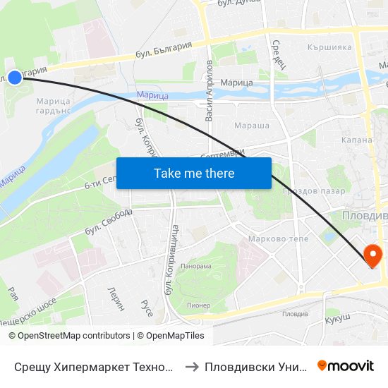 Срещу Хипермаркет Техномаркет / Opposite Technomarket Hypermarket (337) to Пловдивски Университет ""Паисий Хилендарски"" map