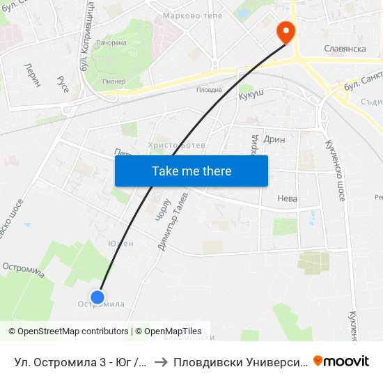 Ул. Остромила 3 - Юг / Ostromila St. 3 - South (477) to Пловдивски Университет ""Паисий Хилендарски"" map