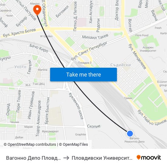 Вагонно Депо Пловдив / Train Depot Plovdiv to Пловдивски Университет ""Паисий Хилендарски"" map