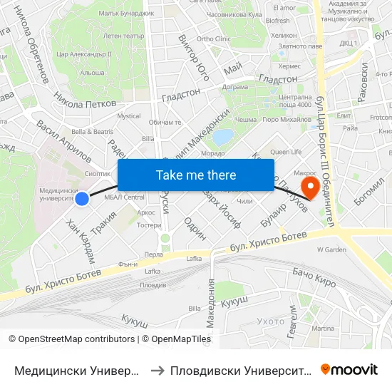 Медицински Университет / Medical University to Пловдивски Университет ""Паисий Хилендарски"" map