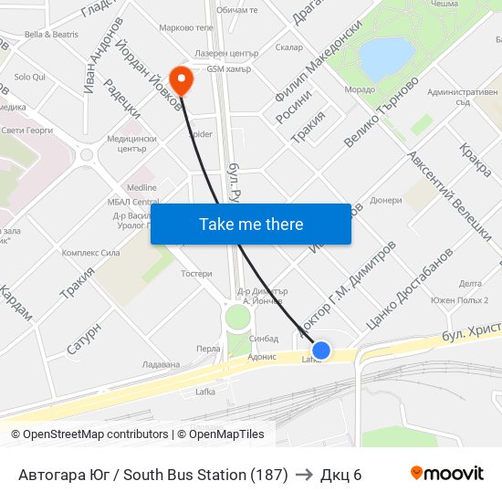 Автогара Юг / South Bus Station (187) to Дкц 6 map