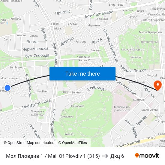 Мол Пловдив 1 / Mall Of Plovdiv 1 (315) to Дкц 6 map
