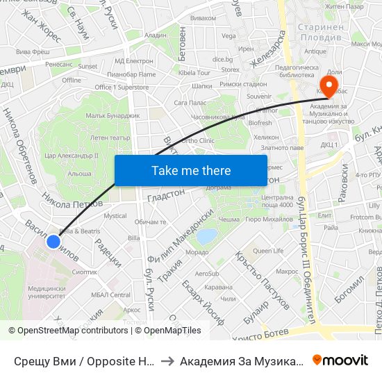Срещу Вми / Opposite Higher Medical Institute (169) to Академия За Музикално И Танцово Изкуство map