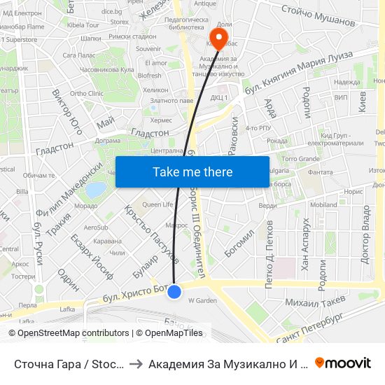 Сточна Гара / Stochna Gara (43) to Академия За Музикално И Танцово Изкуство map