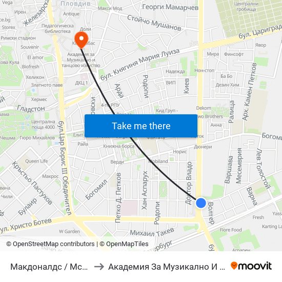 Макдоналдс / Mcdonalds (220) to Академия За Музикално И Танцово Изкуство map