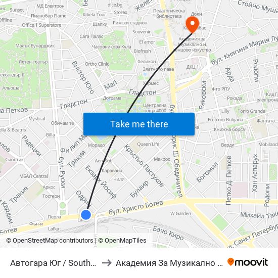 Автогара Юг / South Bus Station (187) to Академия За Музикално И Танцово Изкуство map