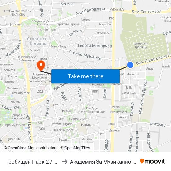 Гробищен Парк 2 / Cemetery 2 (136) to Академия За Музикално И Танцово Изкуство map