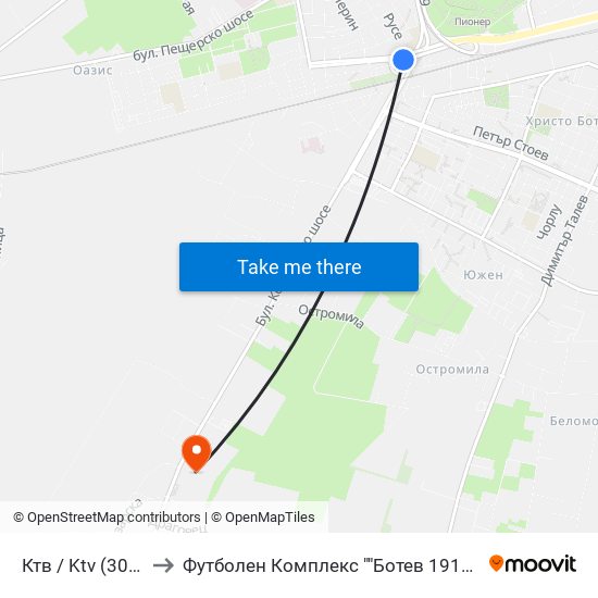 Ктв / Ktv (308) to Футболен Комплекс ""Ботев 1912"" map