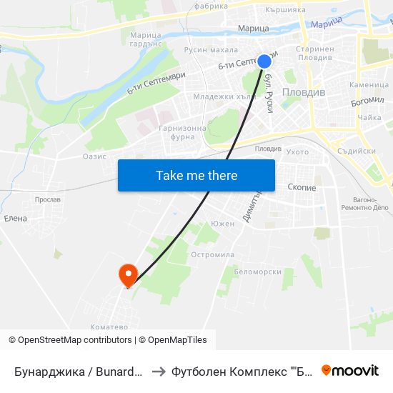 Бунарджика / Bunardzhika (167) to Футболен Комплекс ""Ботев 1912"" map
