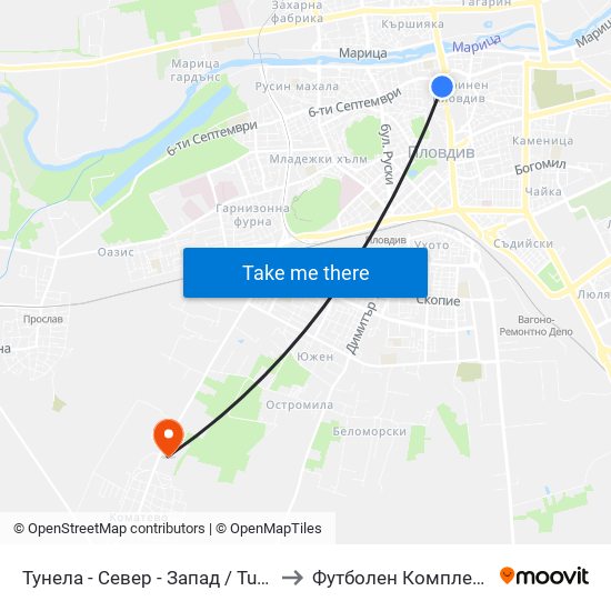 Тунела - Север - Запад / Tunela - Sever - West (10) to Футболен Комплекс ""Ботев 1912"" map