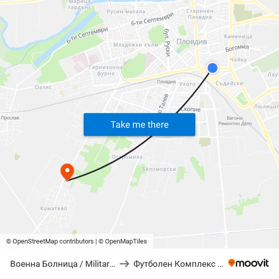 Военна Болница / Military Hospital (335) to Футболен Комплекс ""Ботев 1912"" map