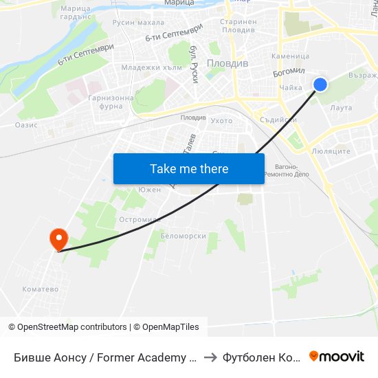 Бивше Аонсу / Former Academy Of Social Sciences And Social Management (218) to Футболен Комплекс ""Ботев 1912"" map