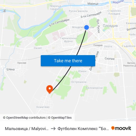 Мальовица / Malyovitsa (265) to Футболен Комплекс ""Ботев 1912"" map