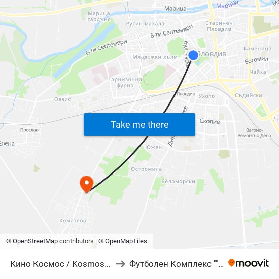 Кино Космос / Kosmos Cinema (263) to Футболен Комплекс ""Ботев 1912"" map