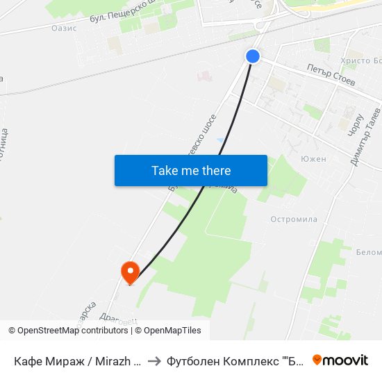 Кафе Мираж / Mirazh Cafe (191) to Футболен Комплекс ""Ботев 1912"" map