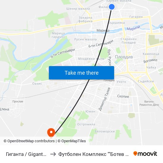Гиганта / Giganta (5) to Футболен Комплекс ""Ботев 1912"" map