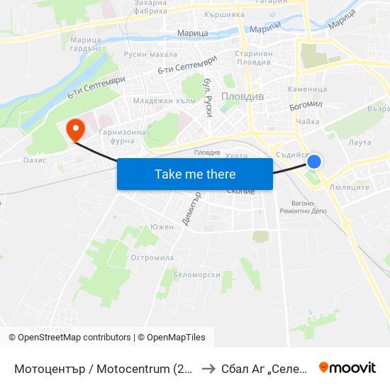 Мотоцентър / Motocentrum (258) to Сбал Аг „Селена“ map