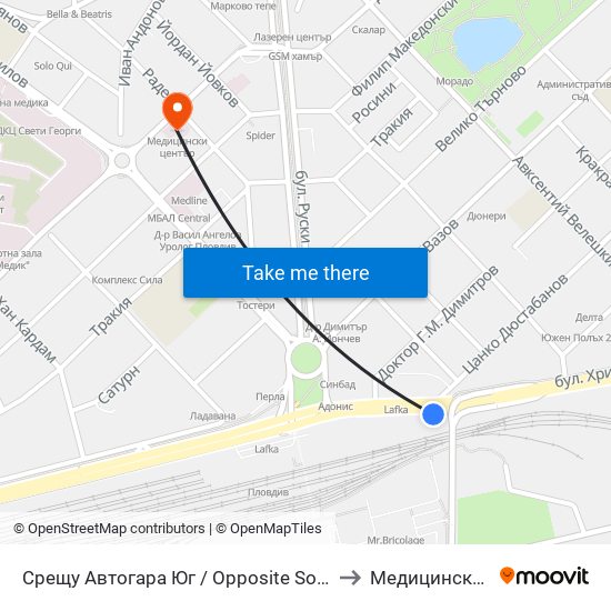 Срещу Автогара Юг / Opposite South Bus Station (206) to Медицински Център map