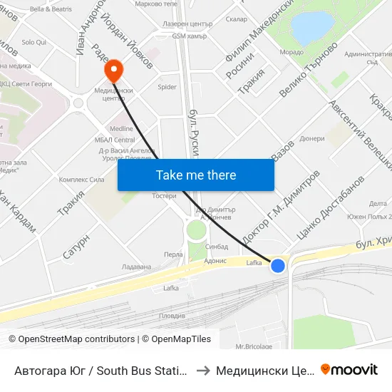 Автогара Юг / South Bus Station (206) to Медицински Център map