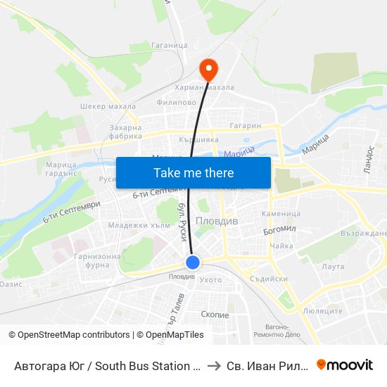Автогара Юг / South Bus Station (187) to Св. Иван Рилски map