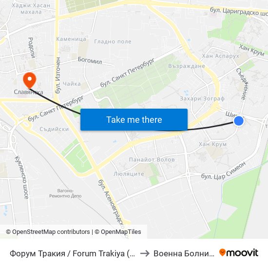 Форум Тракия / Forum Trakiya (78) to Военна Болница map