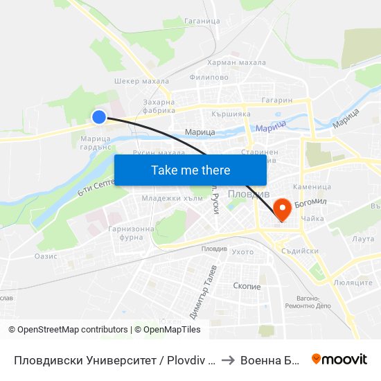 Пловдивски Университет / Plovdiv University (1003) to Военна Болница map