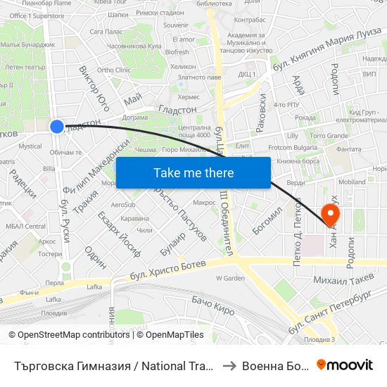 Търговска Гимназия / National Trade School (155) to Военна Болница map